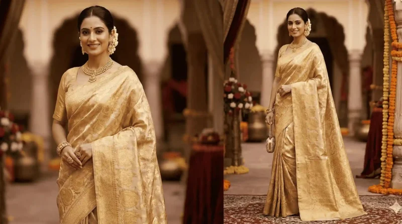Gold banarasi silk tissue saree