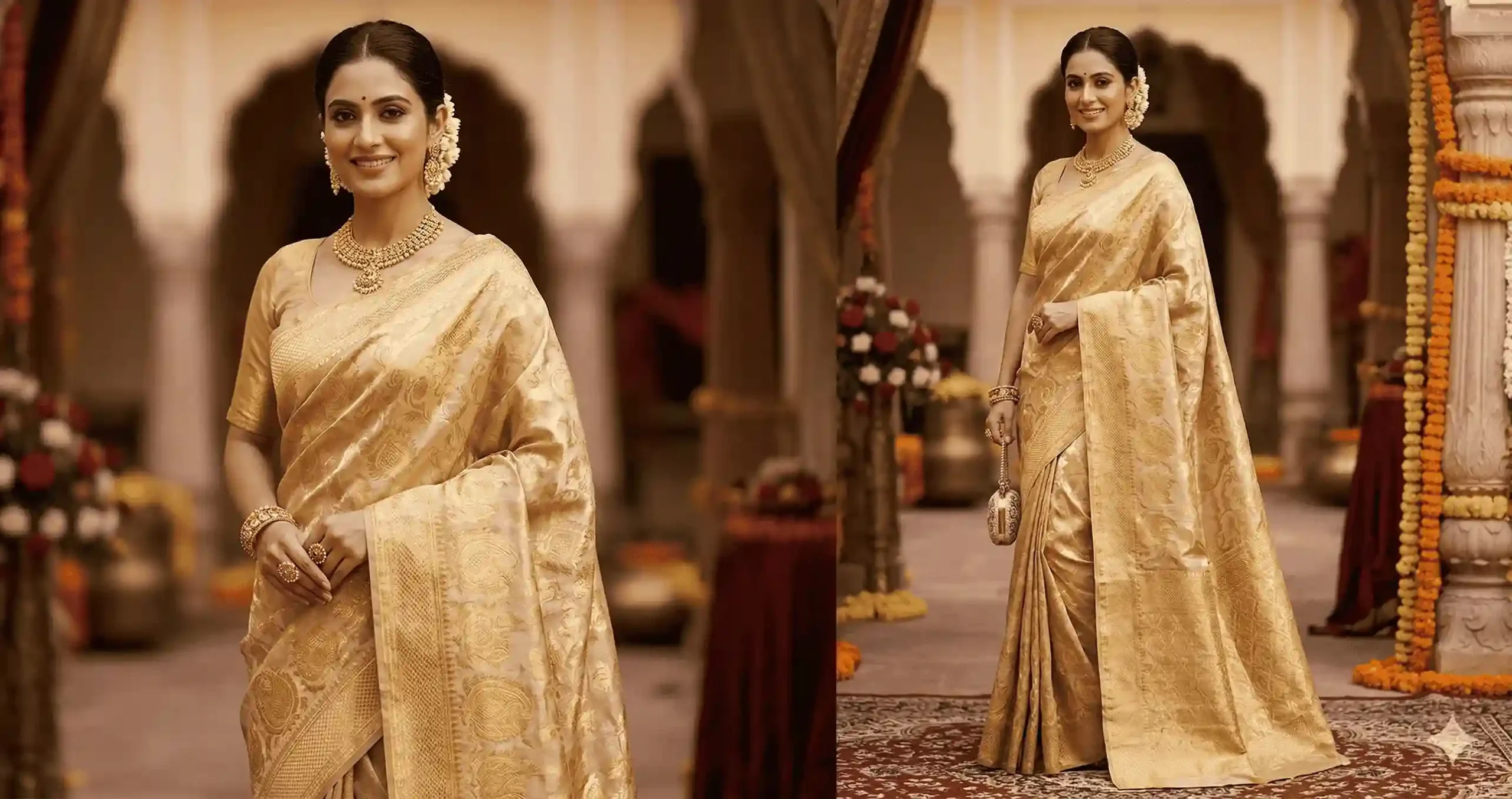 Gold banarasi silk tissue saree – handwoven elegance for weddings