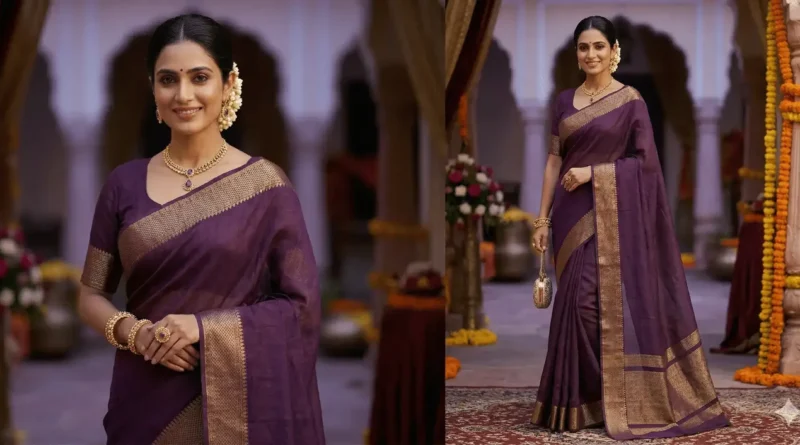 Purple linen saree